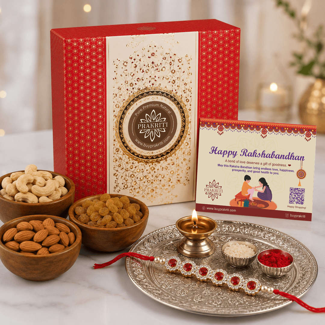 Prakriti Raksha Bandhan Dry Fruits Gift Box | Cashew, Almond, Raisins, Rakhi with Roli Chawal & Card
